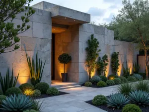 Modern Stone Block Wall - Geometric arrangement of large stone blocks creating a modern wall with vertical succulents and architectural lighting