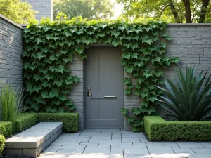 Modern Stone Garden Wall with Climbing Vines - A contemporary grey stone garden wall with carefully arranged Boston ivy climbing up its surface, creating an elegant natural pattern, photographed in soft morning light, photorealistic