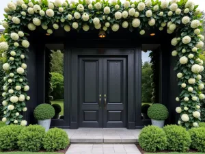 Modern Timber Frame - Wide angle view of black-stained timber frame wall with climbing hydrangea and geometric cutout patterns