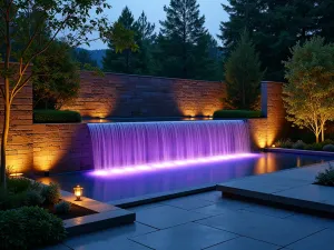 Modern Water Wall - A contemporary garden wall with integrated water feature creating a sheet of falling water, illuminated by color-changing LED lights, evening shot