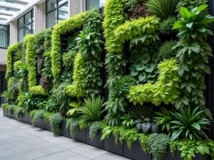 Modular Living Wall System - Wide angle view of a modern modular living wall system with integrated irrigation, featuring alternating panels of ferns and flowering plants in a geometric pattern