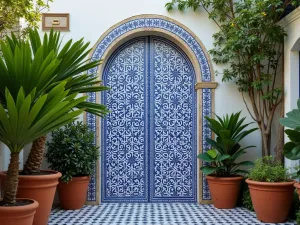 Moroccan Inspired Wall Design - Wide angle shot of a garden wall painted with intricate Moroccan tile patterns in blues and whites, surrounded by potted palms and citrus trees