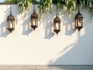 Hanging Garden Lantern Collection - Wide shot of a white rendered wall featuring multiple Moroccan-style hanging lanterns with trailing jasmine plants, creating evening shadows