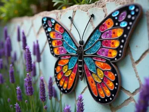 Artistic Mosaic Wall Feature - Close-up of a colorful mosaic butterfly pattern on a garden wall, made with broken ceramic tiles and mirrors, surrounded by lavender plants, bright daylight