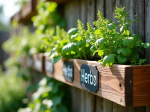 Mounted Herb Garden Display - Close-up of wooden herb planter boxes mounted on a sunny garden wall, filled with various culinary herbs and labeled with chalk signs