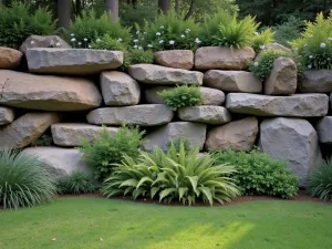 Natural Boulder Cascade - A naturalistic staggered wall created from large weathered boulders, with native ferns and wildflowers growing between rocks, photographed in morning light