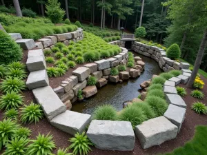 Natural Boulder Retaining Wall - An aerial view of a curved retaining wall constructed from large natural boulders, creating multiple levels in a sloped garden. Native ferns cascade over the edges, with a natural stream feature integrated into the design.