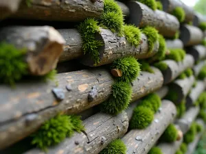 Natural Log Wall - Close-up of stacked natural log wall with moss growing between crevices, creating woodland garden atmosphere