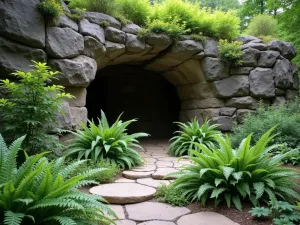 Natural Rock Face Wall - Wide angle shot of a natural rock face incorporated into garden design, with ferns and shade-loving plants emerging from crevices