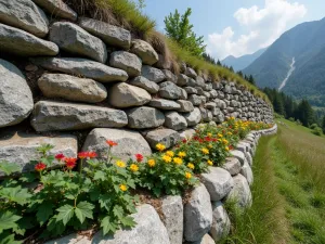 Natural Rock Garden Wall - A dry-stacked natural rock wall with alpine plants and flowers growing between the stones, creating a natural habitat, wide angle view