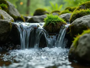 Natural Rock Wall Waterfall - Close-up of water trickling down a natural stone wall with moss and small ferns growing between rocks, creating a woodland atmosphere