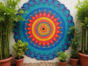 Painted Mandala Feature - Close-up of a large hand-painted mandala design on a garden wall in bright colors, surrounded by potted bamboo