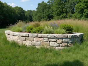 Prairie Style Limestone - Wide shot of a horizontal limestone retaining wall with Prairie style influences, featuring native wildflowers and grasses in a natural, meadow-like setting.