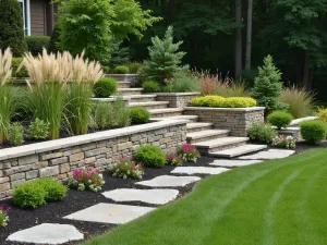 Prairie Style Steps - Natural stone staggered wall integrated with prairie-style planting, featuring waves of ornamental grasses and perennial flowers