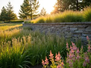 Prairie Style Stone Wall - Wide horizontal stone wall with prairie-style planting, featuring flowing grasses and perennials, captured in golden hour light