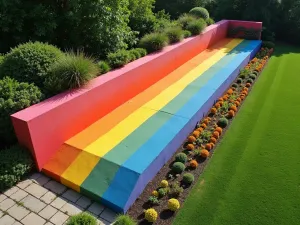 Rainbow Garden Gradient - Aerial view of a long garden wall painted with a smooth gradient of rainbow colors, complemented by color-coordinated flower borders