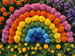 Rainbow Pallet Annual Wall - Aerial view of a curved pallet wall creating a rainbow effect with seasonal annuals - marigolds, zinnias, and verbena arranged in color gradients