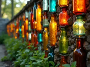 Recycled Garden Wall - An artistic garden wall constructed from recycled materials including colored glass bottles, creating beautiful light patterns, close-up detail