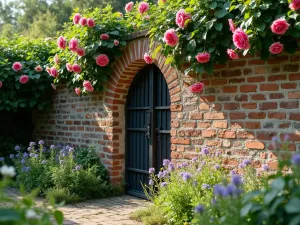 Rustic Brick Walled Garden - A weathered brick garden wall with climbing roses and clematis, featuring vintage metal gates and emerging wildflowers at its base, morning light