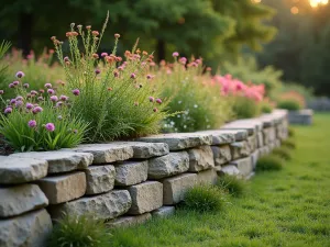 Rustic Dry Stone Wall - Traditional dry-stacked stone garden wall with wildflowers growing between the cracks, photographed in warm evening light, featuring natural limestone in varying sizes, moss-covered edges