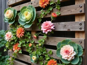 Rustic Fall Pallet Display - Close-up of an autumn-themed pallet wall featuring ornamental cabbage, chrysanthemums, and trailing ivy, with rustic metal accents