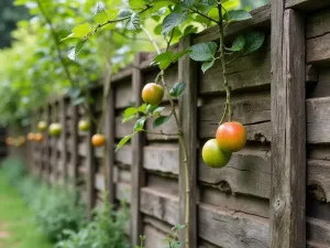 Rustic Garden Divide - Close-up of rough-hewn wooden garden wall with espaliered fruit trees trained along its surface