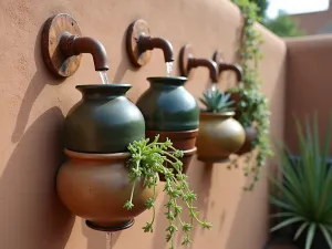 Rustic Pottery Wall Fountain - Close-up of handmade ceramic vessels mounted on a adobe wall, water flowing from pot to pot, with trailing succulents and desert plants