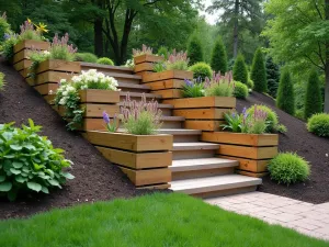 Rustic Timber Staggered Retaining Wall - A wide-angle view of a staggered wooden retaining wall made from railway sleepers, cascading down a hillside with flowering perennials spilling over each level