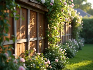 Rustic Vertical Timber Wall - Close-up of weathered vertical timber garden wall with climbing jasmine and roses, creating a cottage garden feel, warm afternoon lighting