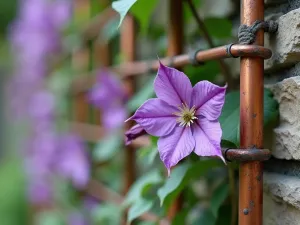 Rustic Wire Trellis with Clematis - Close-up of weathered copper wire trellis system with purple clematis in full bloom, mounted on natural stone wall, shallow depth of field