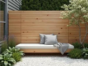 Scandinavian Pine Screen - Minimal Scandinavian-style pine wood garden wall with clean lines and integrated bench seating, white pebble garden border