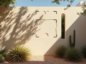 Sculptural Shadow Wall - An artistic garden wall with cut-out geometric patterns casting dynamic shadows, photographed in bright sunlight with desert plants