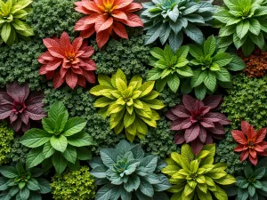 Seasonal Color Wall - A living wall designed to provide year-round interest with plants that change color throughout the seasons, autumn colors visible, aerial view