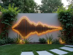 Sound Wave Metal Art - Modern curved metal sound wave artwork mounted on a contemporary garden wall, with uplighting and trailing vines