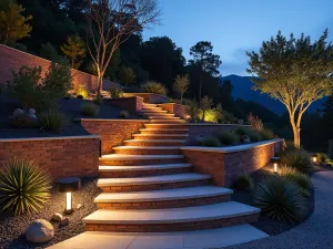 Stepped Brick Garden Wall - Modern stepped brick wall following natural terrain, with integrated lighting and succulent plantings, twilight view