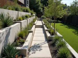 Stepped Garden Wall - Aerial view of a modern stepped wall system with integrated planters, creating a terraced effect with drought-tolerant plants