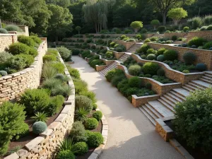 Stepped Stone Wall Garden - Terraced garden with multiple levels of stone walls, featuring Mediterranean plants and gravel pathways, photographed from above