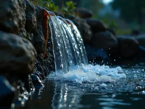 Stone Wall Water Feature - Close-up of water cascading down a textured stone wall, with night lighting creating dramatic shadows