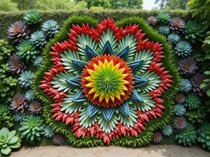 Succulent Mosaic Wall - An intricate living wall design created with colorful succulents arranged in a mandala pattern, bright natural lighting, wide angle view showing the entire pattern