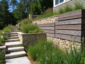 Timber and Stone Combination - An innovative retaining wall combining weathered timber sleepers with natural stone elements, creating a geometric pattern. Native grasses and wildflowers soften the edges.