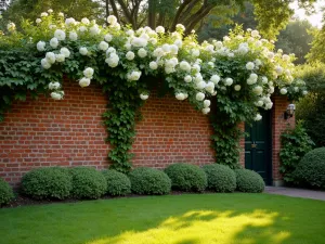 Traditional Red Brick Garden Wall with Climbing Roses - A elegant red brick garden wall with white climbing roses cascading over the top, warm afternoon sunlight casting subtle shadows, well-maintained traditional English garden style