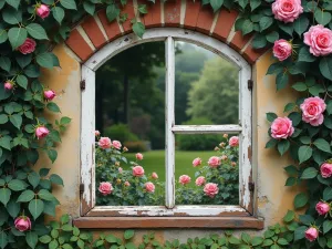 Trompe L'oeil Garden Window - Close-up of a painted false window on a garden wall, creating an illusion of an English cottage garden beyond, with climbing roses and ivy