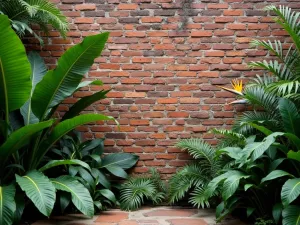 Tropical Brick Wall Garden - Weathered brick wall creating backdrop for lush tropical plants, featuring bird of paradise and tree ferns, wide angle view