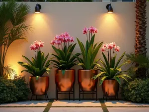 Tropical Garden Wall - A rendered wall in warm cream with attached copper planters filled with exotic tropical plants and orchids, dramatic evening lighting