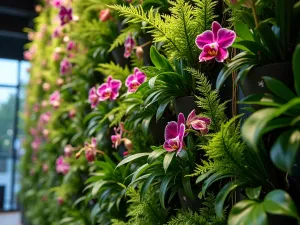 Tropical Living Wall with Orchids - A lush vertical living wall featuring vibrant orchids, ferns, and tropical plants cascading down a modern metal frame system, with subtle LED lighting highlighting the foliage, photorealistic, close-up view