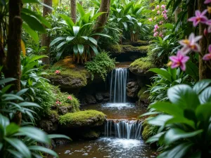 Tropical Living Wall Waterfall - Close-up of a lush living wall with water trickling through tropical plants and orchids, creating a rainforest atmosphere