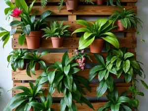 Tropical Pallet Paradise - Close-up shot of a lush tropical pallet wall system featuring bright bromeliads, orchids, and trailing philodendrons, with natural wood finish and copper plant markers