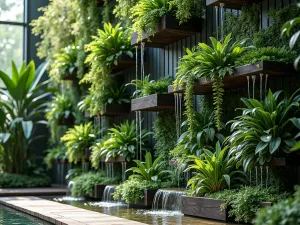 Tropical Paradise Levels - Close-up of a staggered wall with integrated planters filled with lush tropical plants, creating a vertical jungle effect with water features