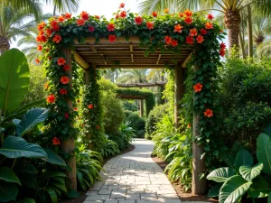 Tropical Paradise Trellis - Wide angle view of large wooden trellis structure covered in tropical climbing plants, passion flower and mandevilla, lush garden setting