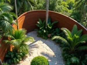 Tropical Wooden Paradise - Aerial view of curved wooden garden wall creating private tropical oasis, surrounded by palm trees and bird of paradise plants